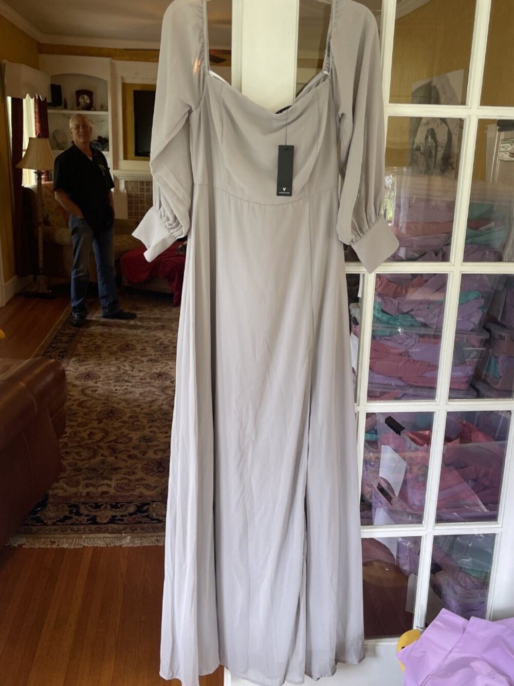NWT Size Large Lulu's  Gray Off-the-Shoulder Maxi Dress Empire waist maxi